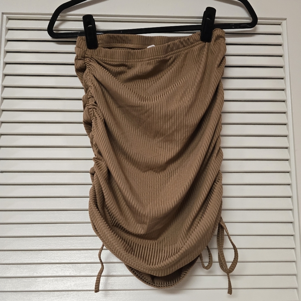 SHEIN - Brown Ribbed Ruched Bodycon Skirt With Tie Sides